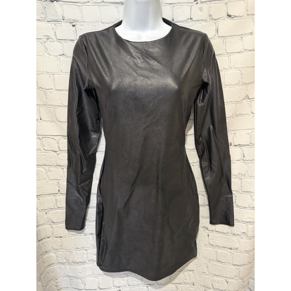 Naked Wardrobe Black Leather Look Round Neck Long Sleeve Bodycon Mini Dress S